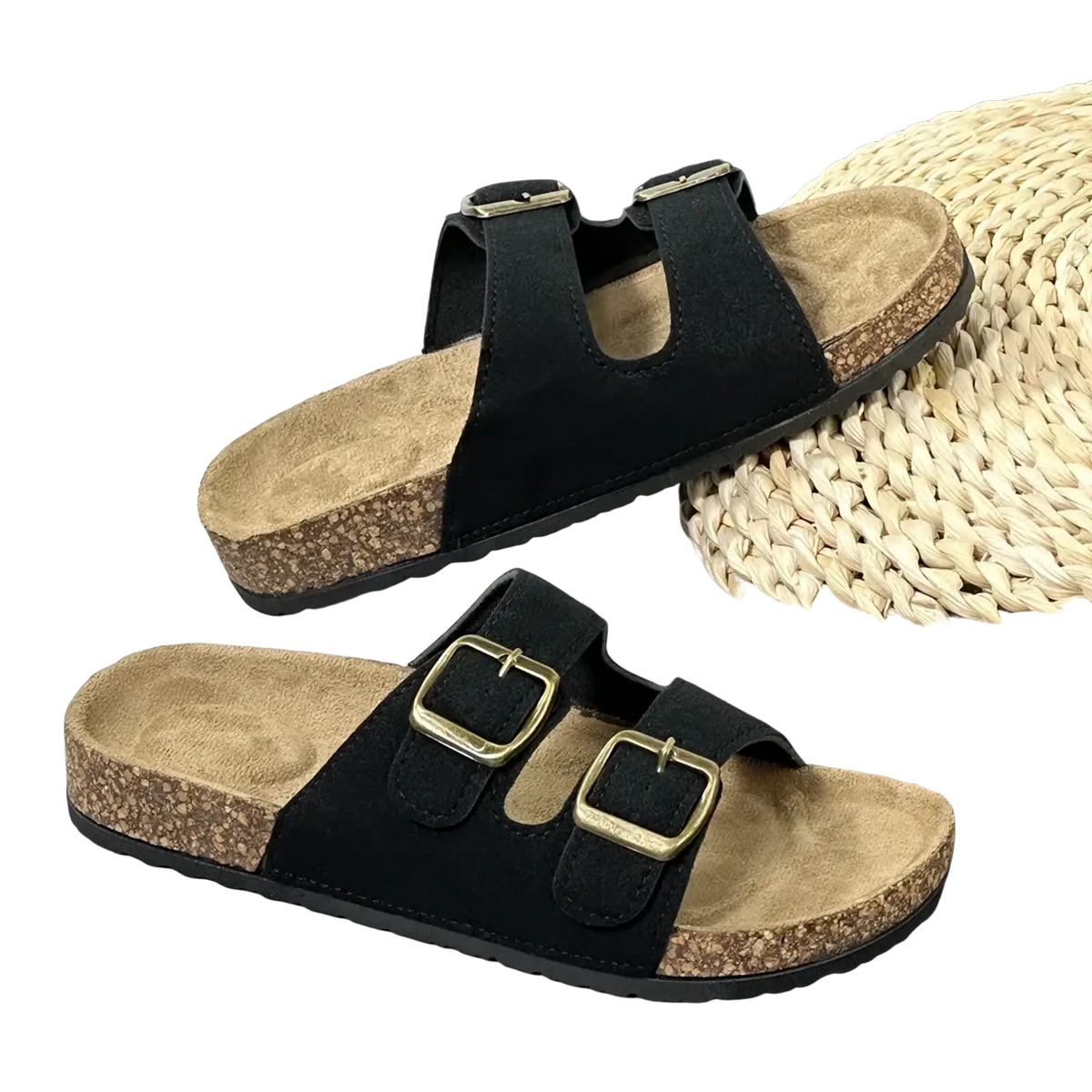 Black suede double strap cork sandals for women and men with gold tone buckles by simpo