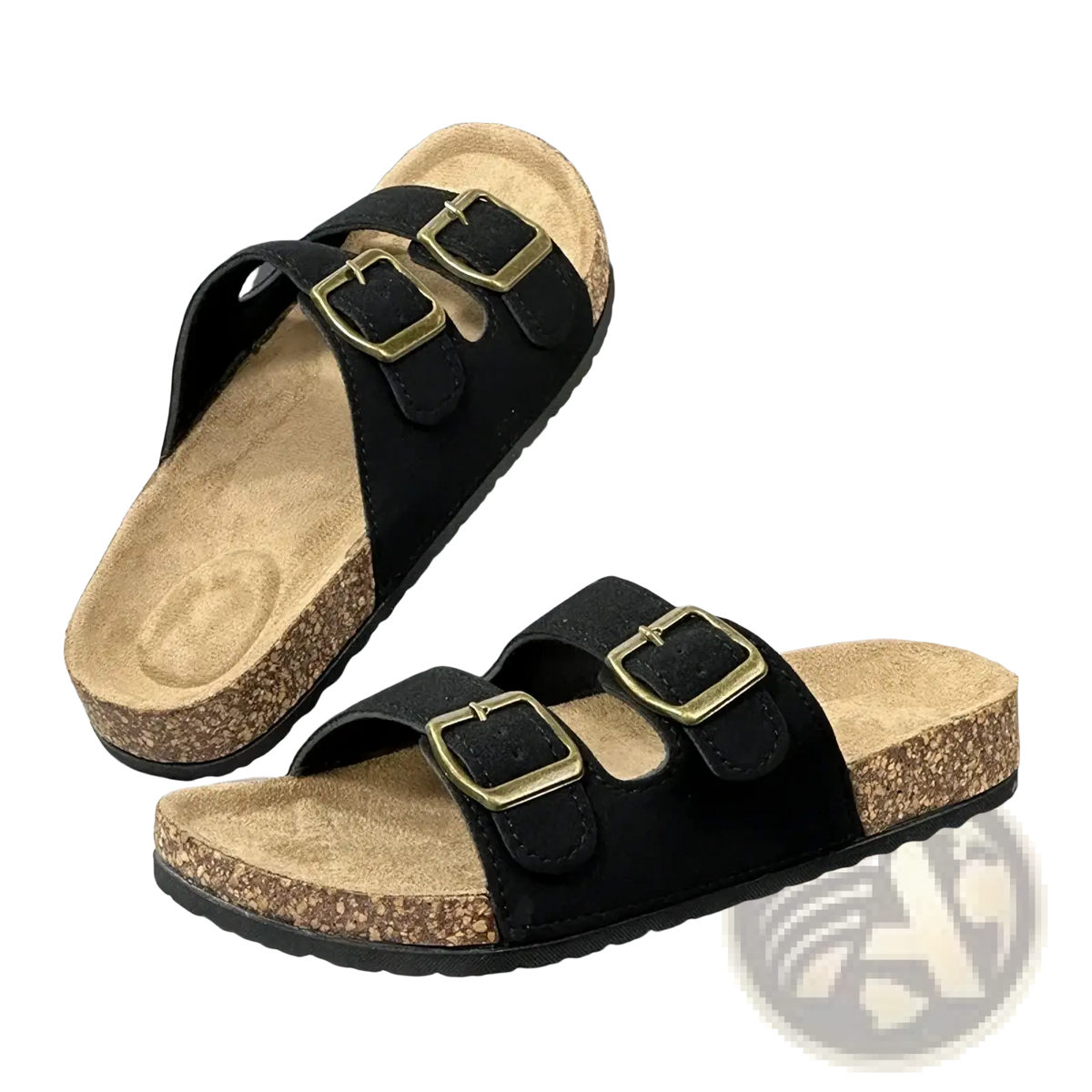 Black suede double strap cork sandals for women and men with gold tone buckles by simpo