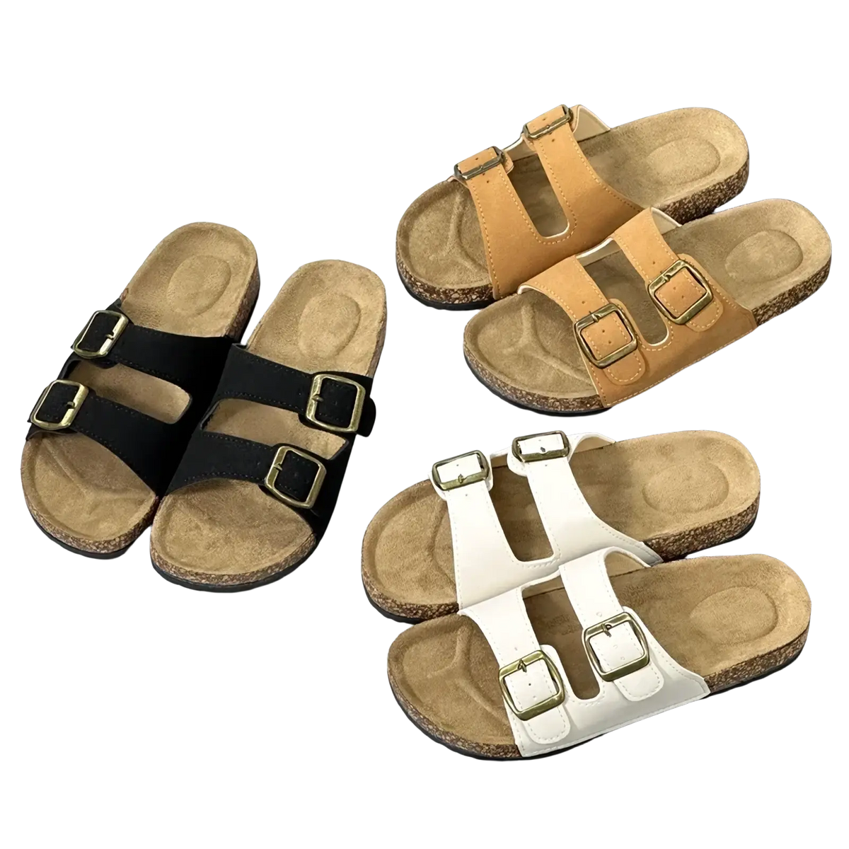 Double strap cork sandals for women and men in black tan and white with buckled straps and cork soles