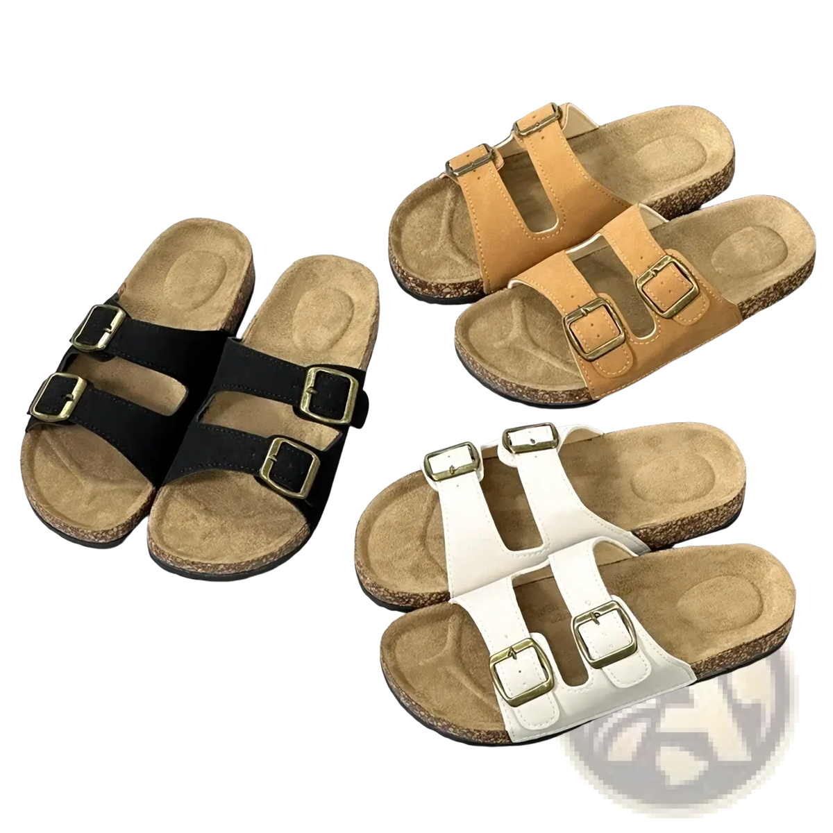Double strap cork sandals for women and men in black tan and white with buckled straps and cork soles