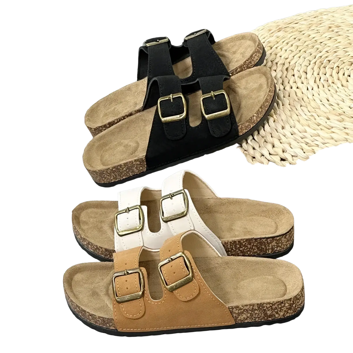 Double strap cork sandals for women and men with black white and tan suede straps gold-tone buckles and cork soles