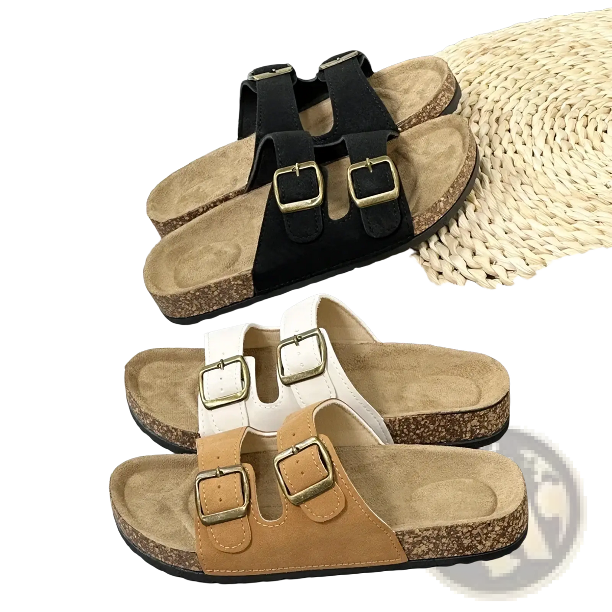 Double strap cork sandals for women and men with black white and tan suede straps gold-tone buckles and cork soles