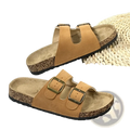 Tan suede double strap cork sandals for women and men with brass buckles by Simpo