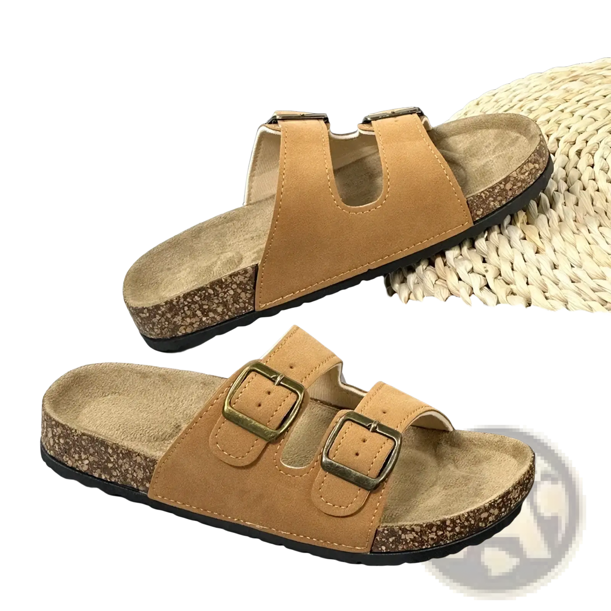 Tan suede double strap cork sandals for women and men with brass buckles by Simpo