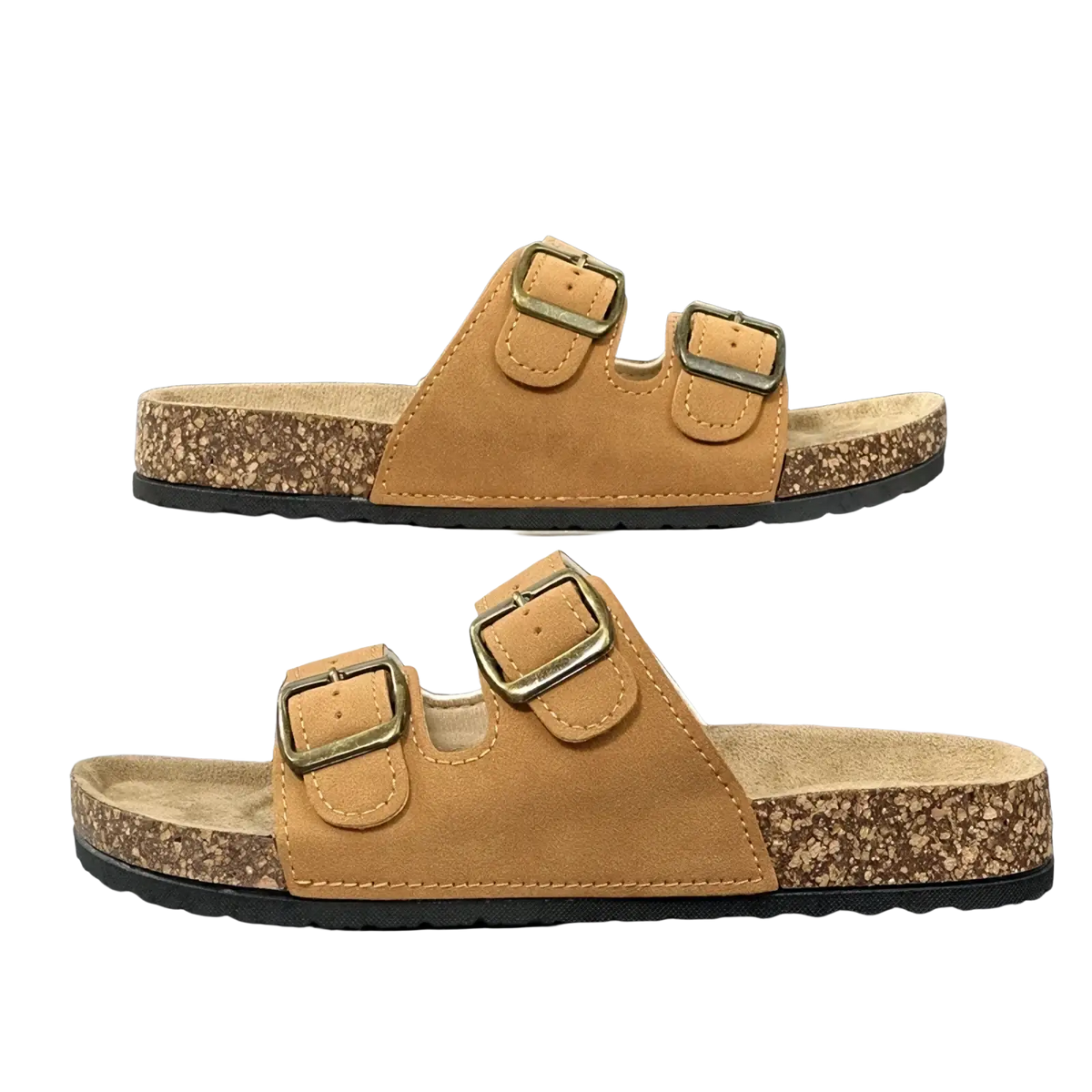 Tan suede double strap cork sandals for women and men with brass buckles by simpo