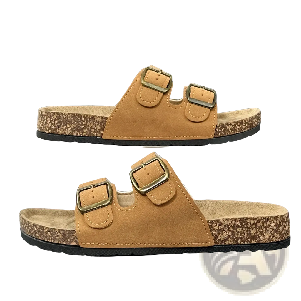 Tan suede double strap cork sandals for women and men with brass buckles by simpo