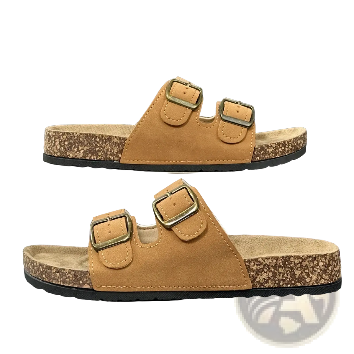 Tan suede double strap cork sandals for women and men with brass buckles by simpo