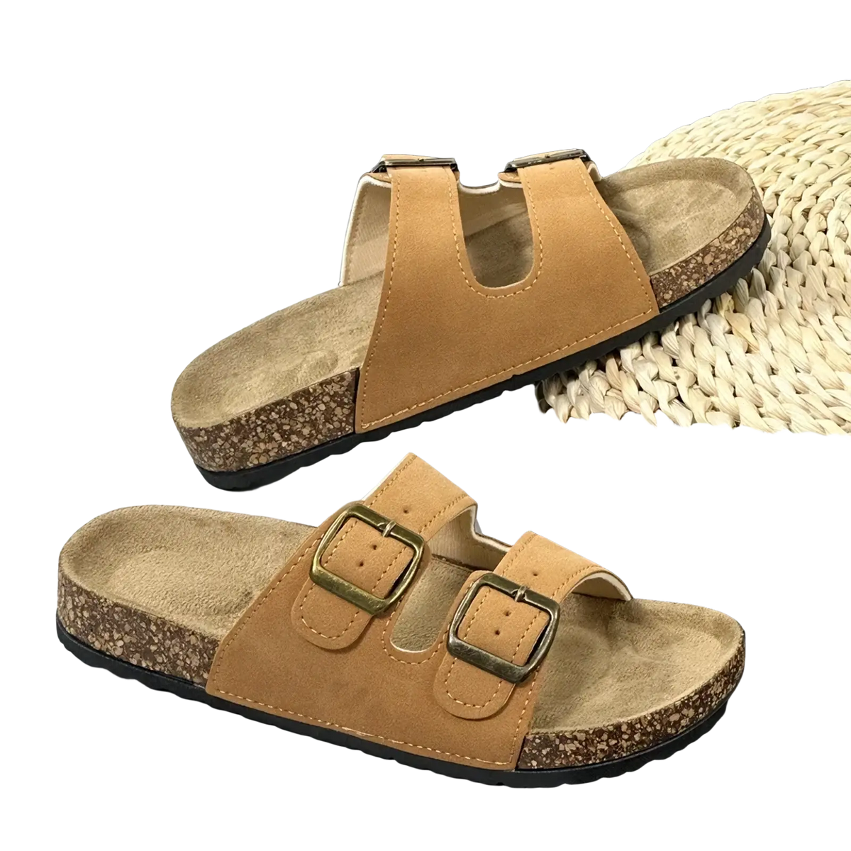 Tan suede double strap cork sandals for women and men with brass buckles by Simpo