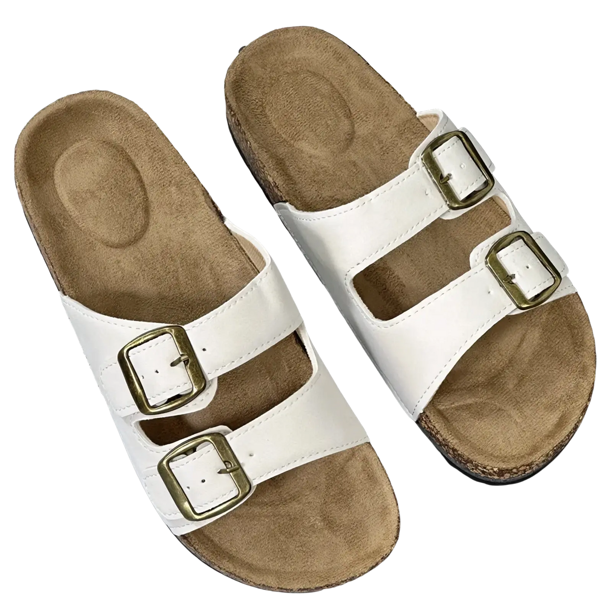 White leather double strap cork sandals with two brass buckles for women and men shown from the back side