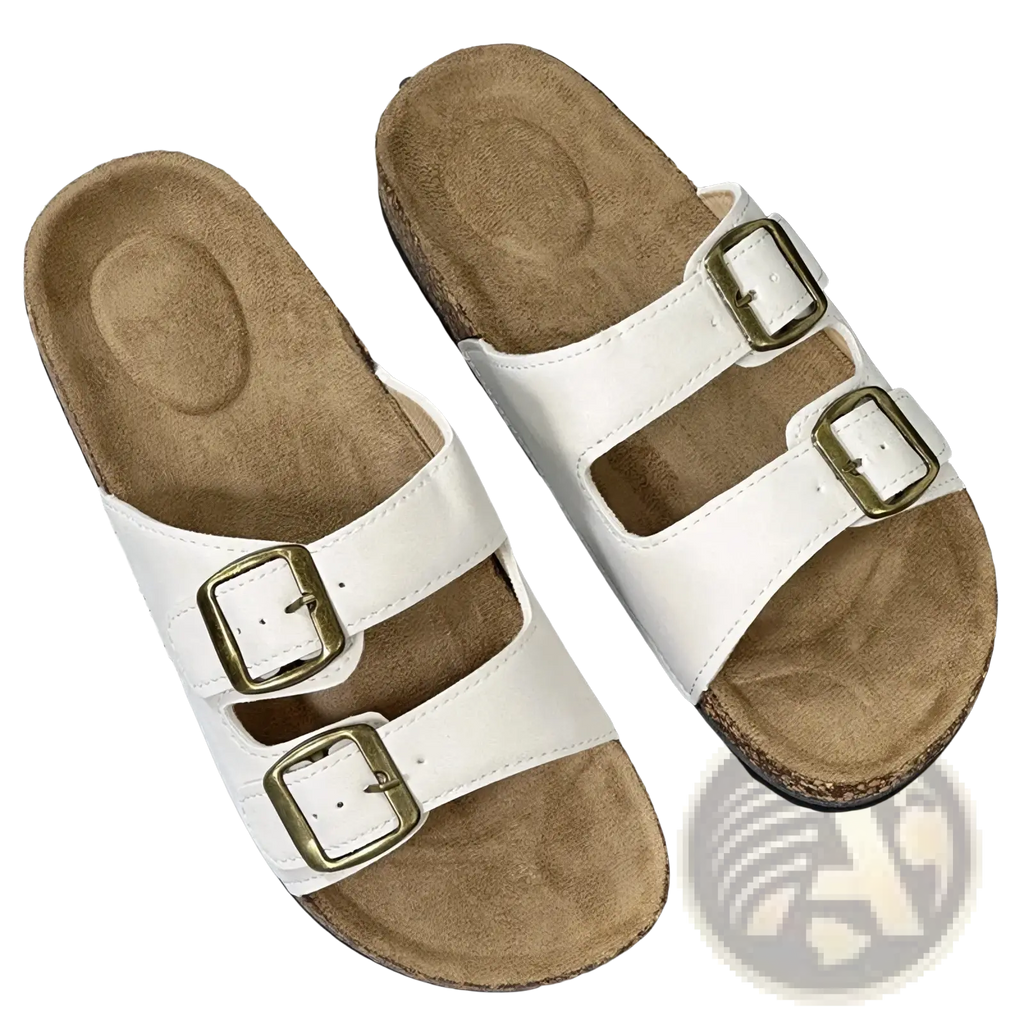 White leather double strap cork sandals with two brass buckles for women and men shown from the back side