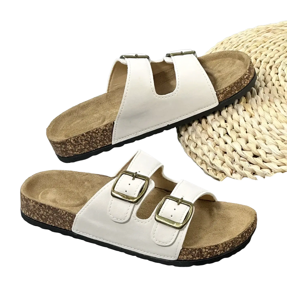 White simpo double strap cork sandals for women and men with two gold toned buckle straps and cork footbed