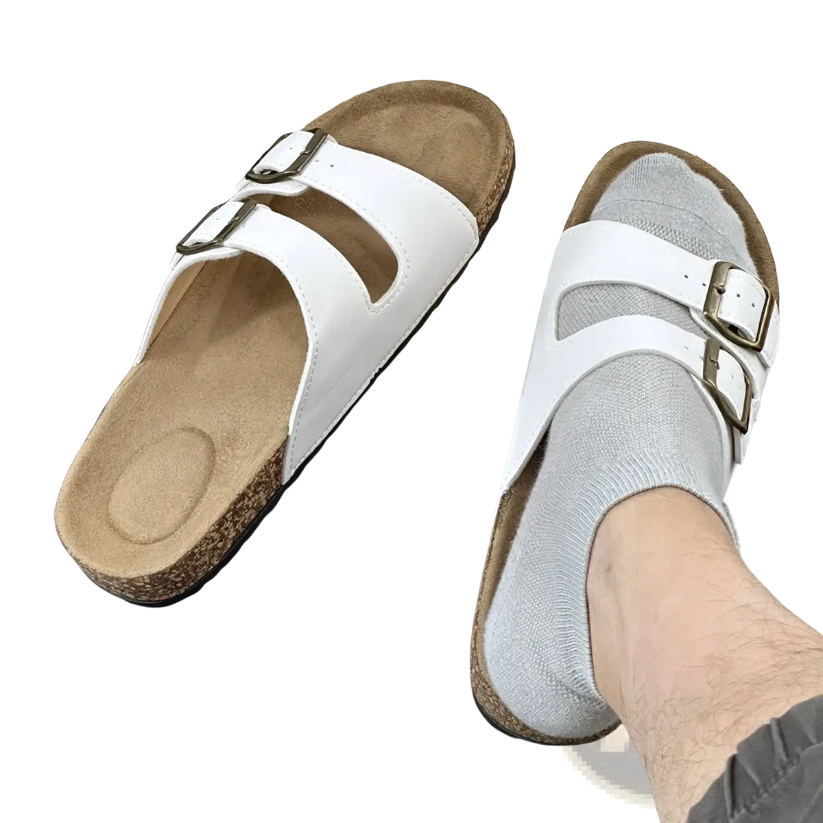 White simpo double strap cork sandals for women and men featuring slide design and adjustable buckles