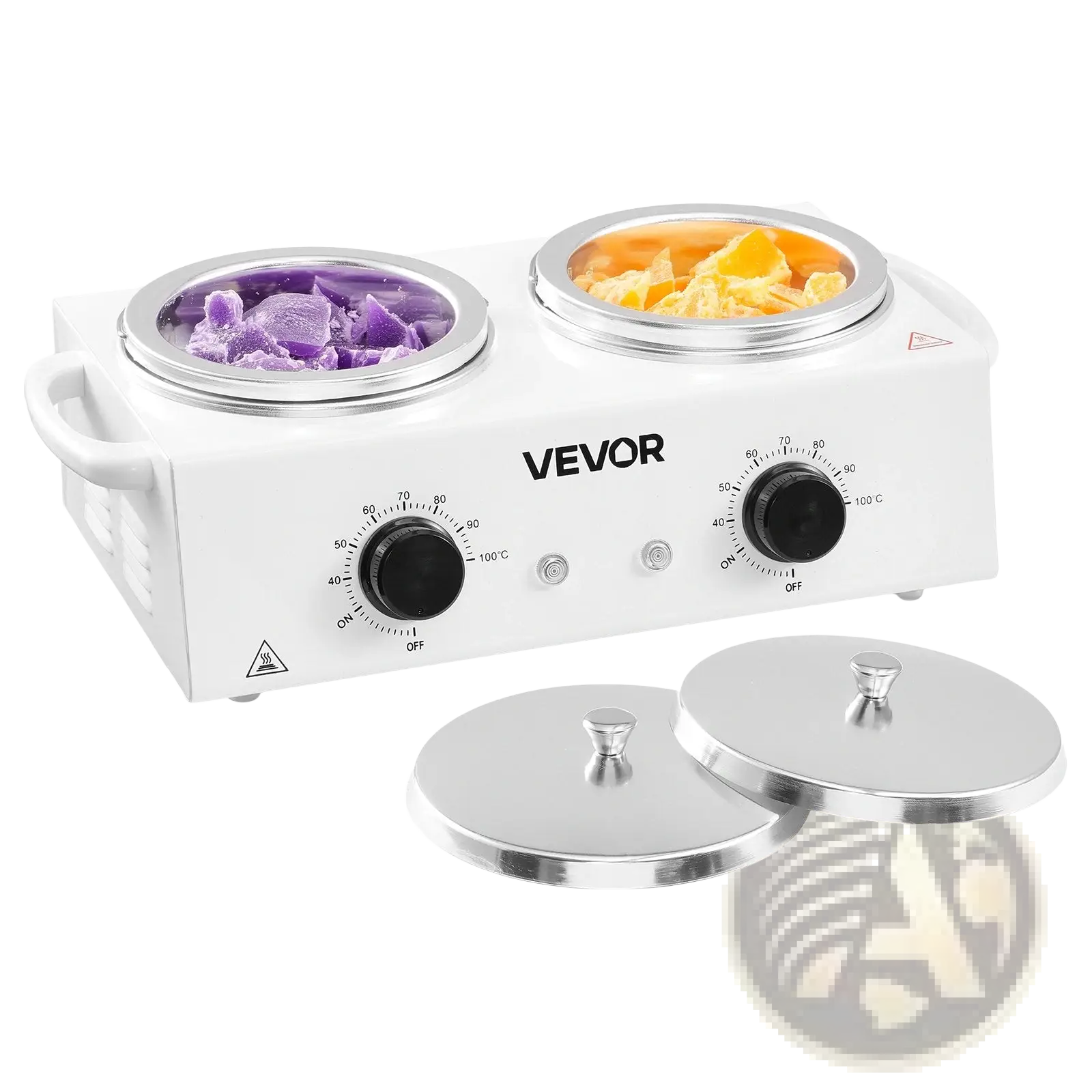 White vevor dual-burner wax warmer with silver lids black temperature controls and purple and orange wax for hair removal