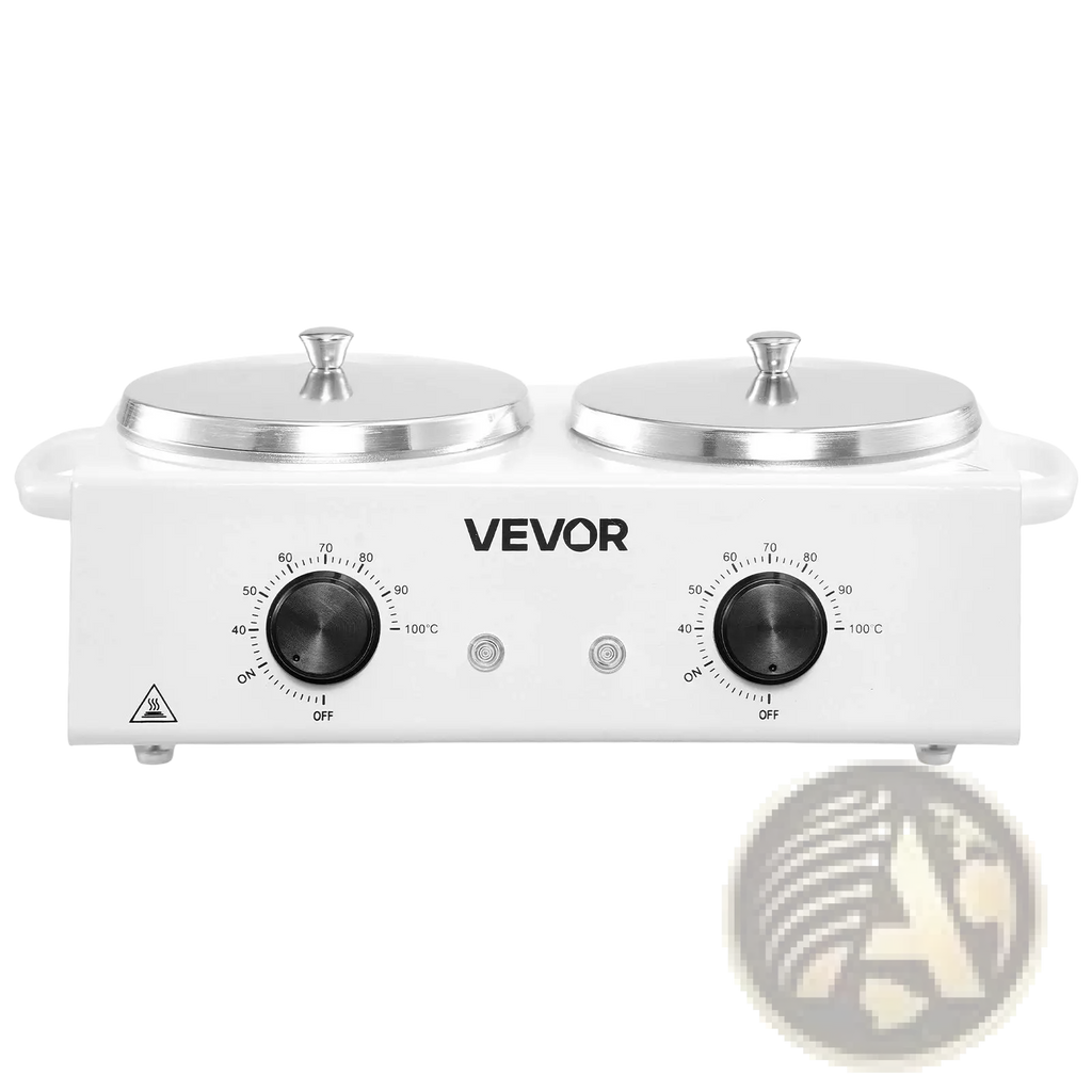 White vevor dual wax warmer with two silver lids and black temperature control knobs for hair removal heating