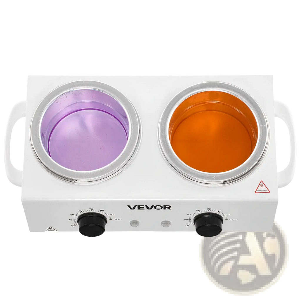 White vevor double wax warmer with dual circular pans holding purple and orange wax for hair removal heating