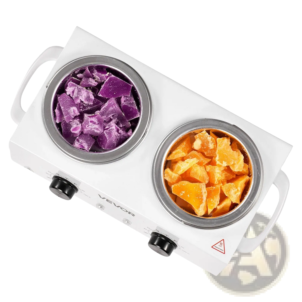 White vevor dual burner wax melter with silver-rimmed pans holding purple and orange wax chunks for hair removal heating