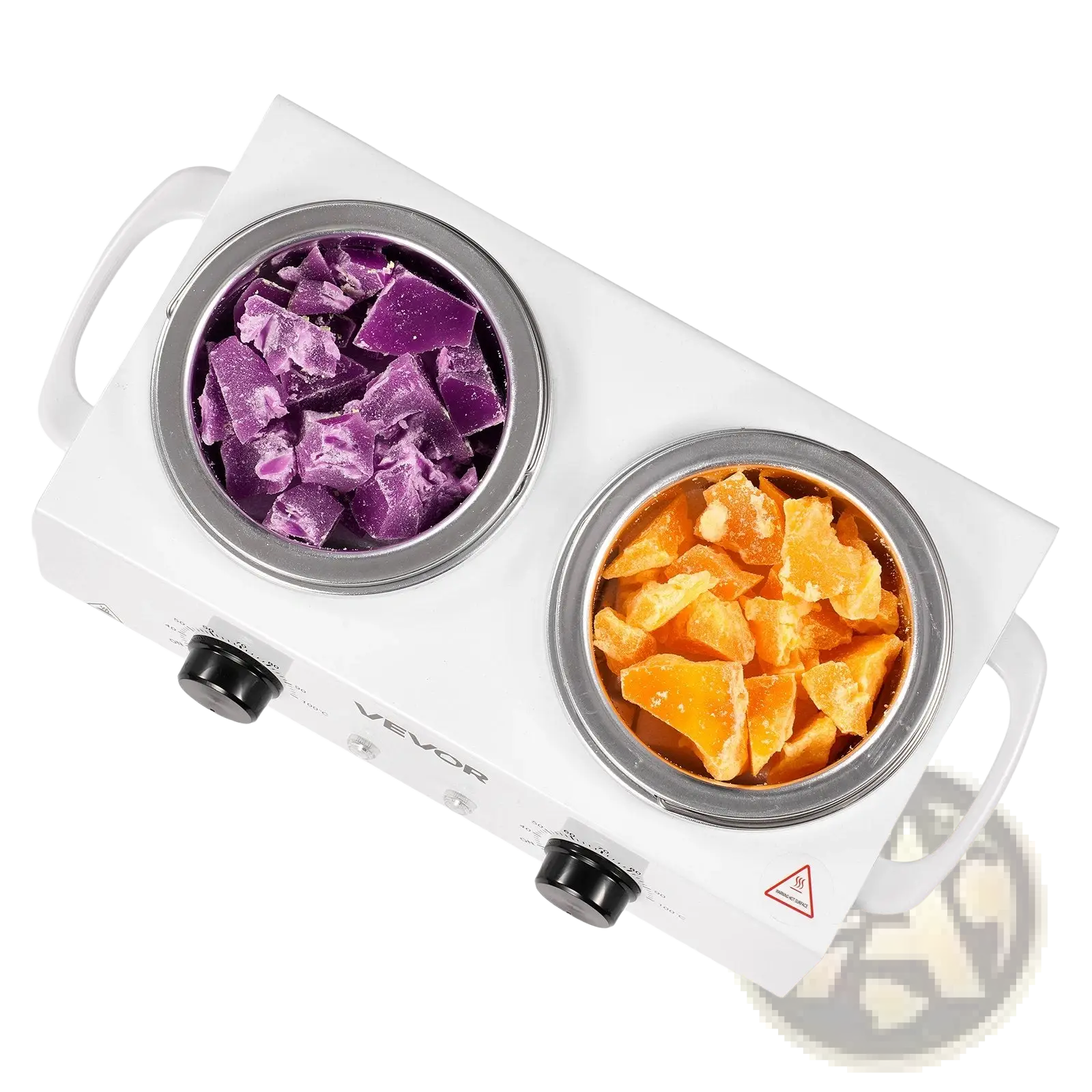 White vevor dual burner wax melter with silver-rimmed pans holding purple and orange wax chunks for hair removal heating