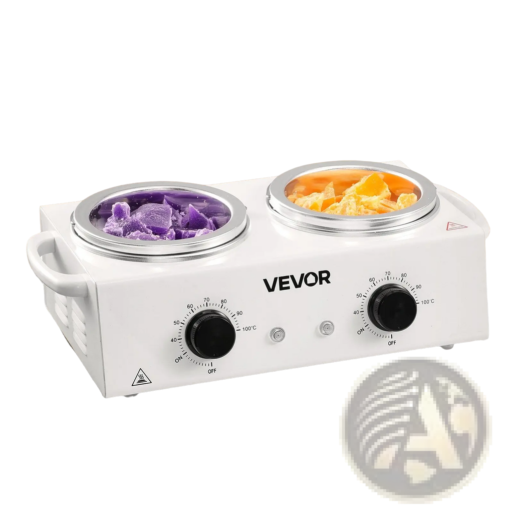 White Vevor dual-burner wax melter with silver-rimmed pots holding purple and orange wax for hair removal heating