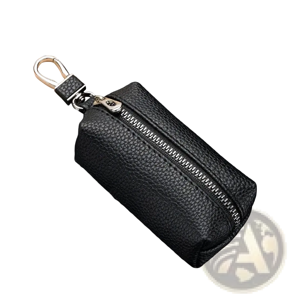 Black textured leather double zipper car key wallet with silver zipper and metal carabiner clip slim holder case