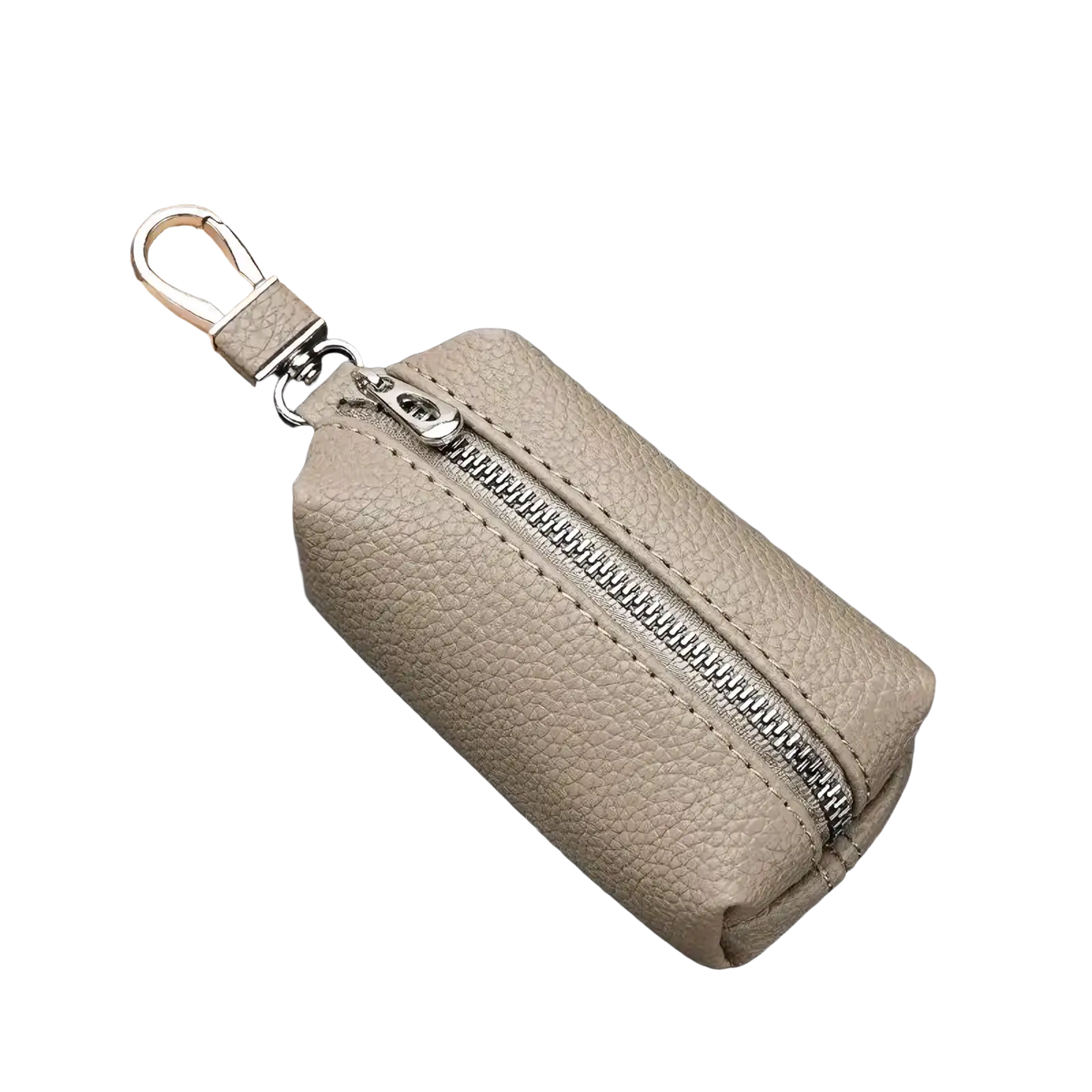 Beige textured leather double zipper car key wallet with silver zipper and metal clasp slim holder case