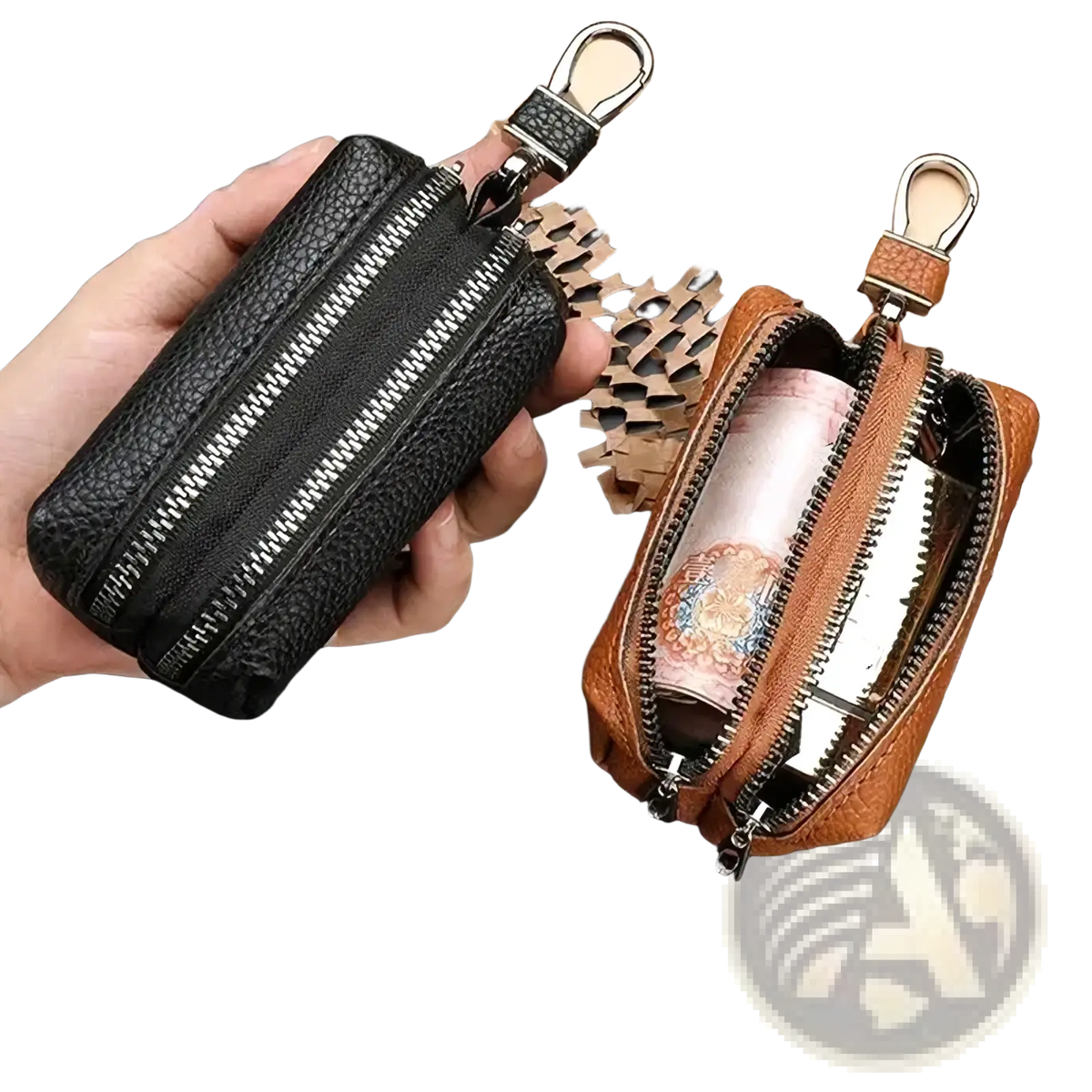 Black and tan leather double zipper car key wallet with dual zippers and metal clasps for slim key storage
