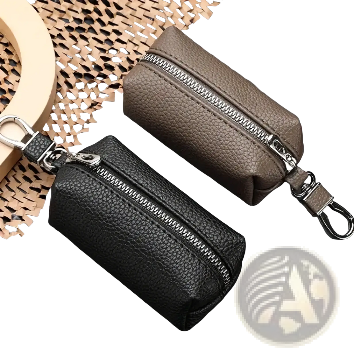 Double zipper leather car key wallet slim holder case in black and taupe textured leather with silver zippers and carabiner clips