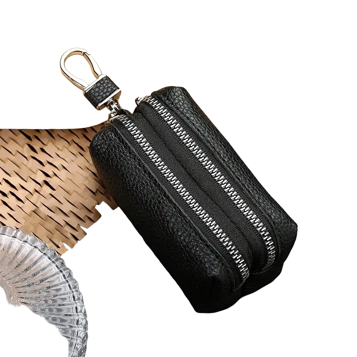 Black textured leather double zipper car key wallet with silver metal clasp slim holder case pouch