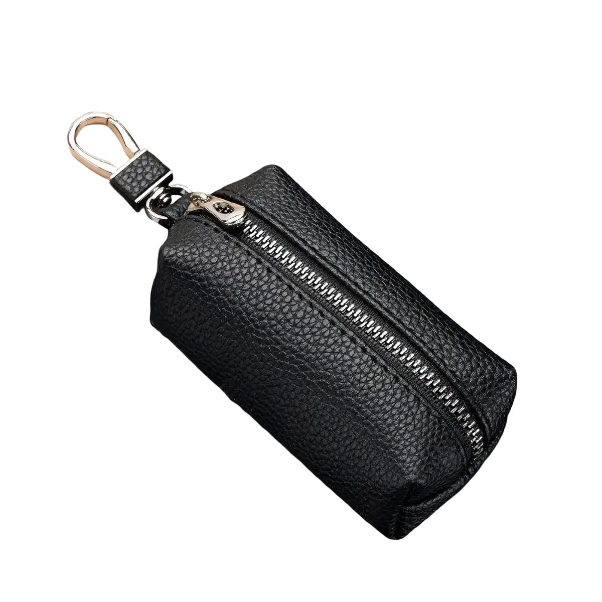 Black textured leather double zipper car key wallet with silver zipper and metal carabiner clip slim holder case
