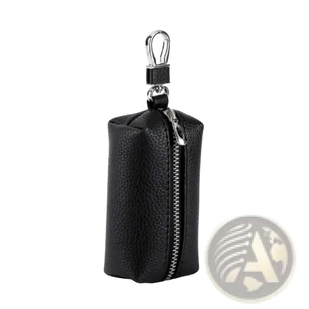 Black textured leather double zipper car key wallet with silver zipper and metal clasp slim holder case