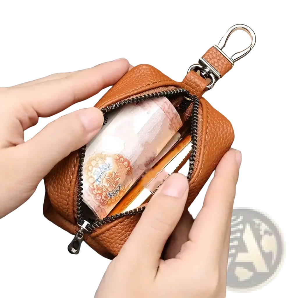 Double zipper leather car key wallet slim holder case in tan leather with zipper closure and metal keychain attachment