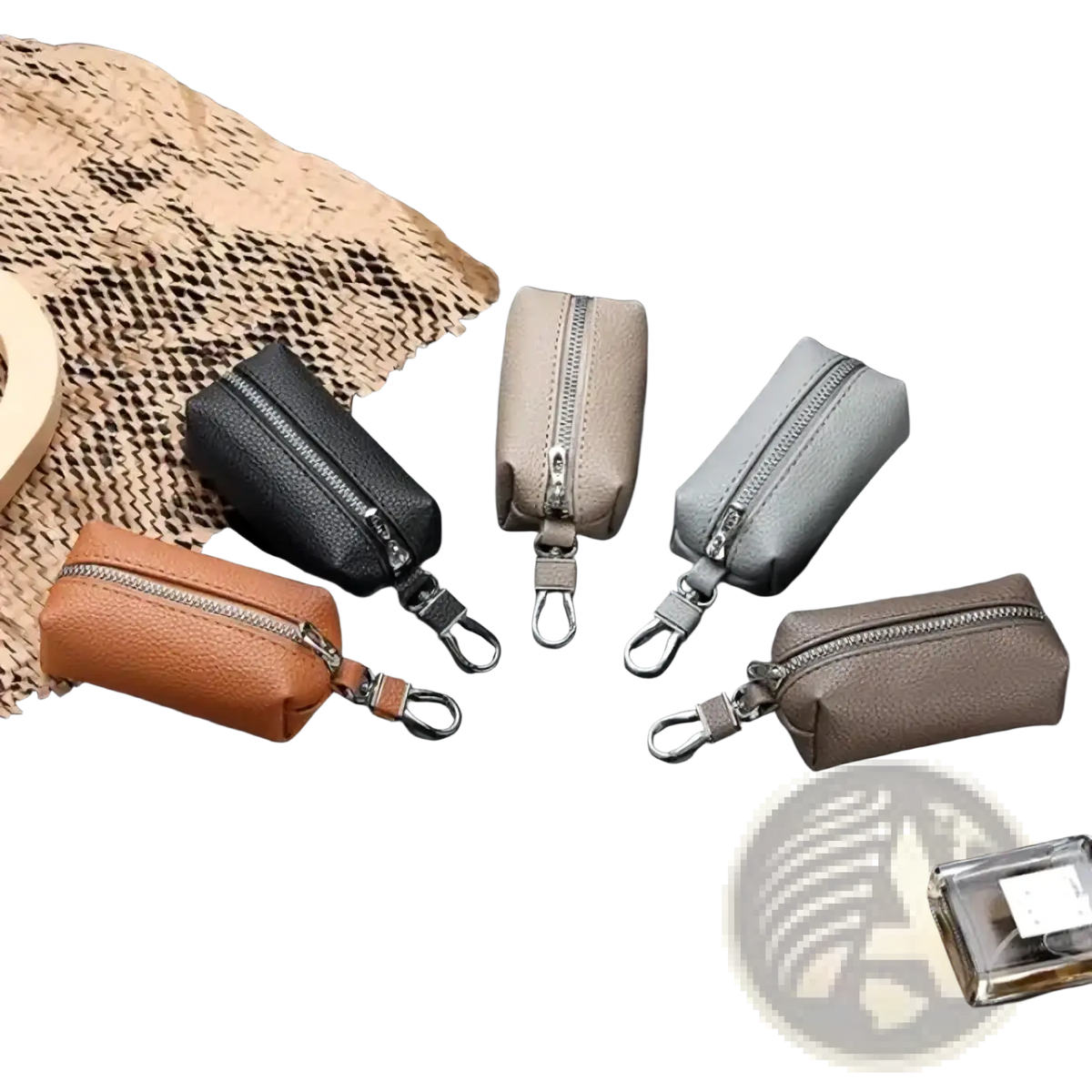 Five compact double zipper leather car key wallet slim holders in black tan beige gray and brown with metal clips