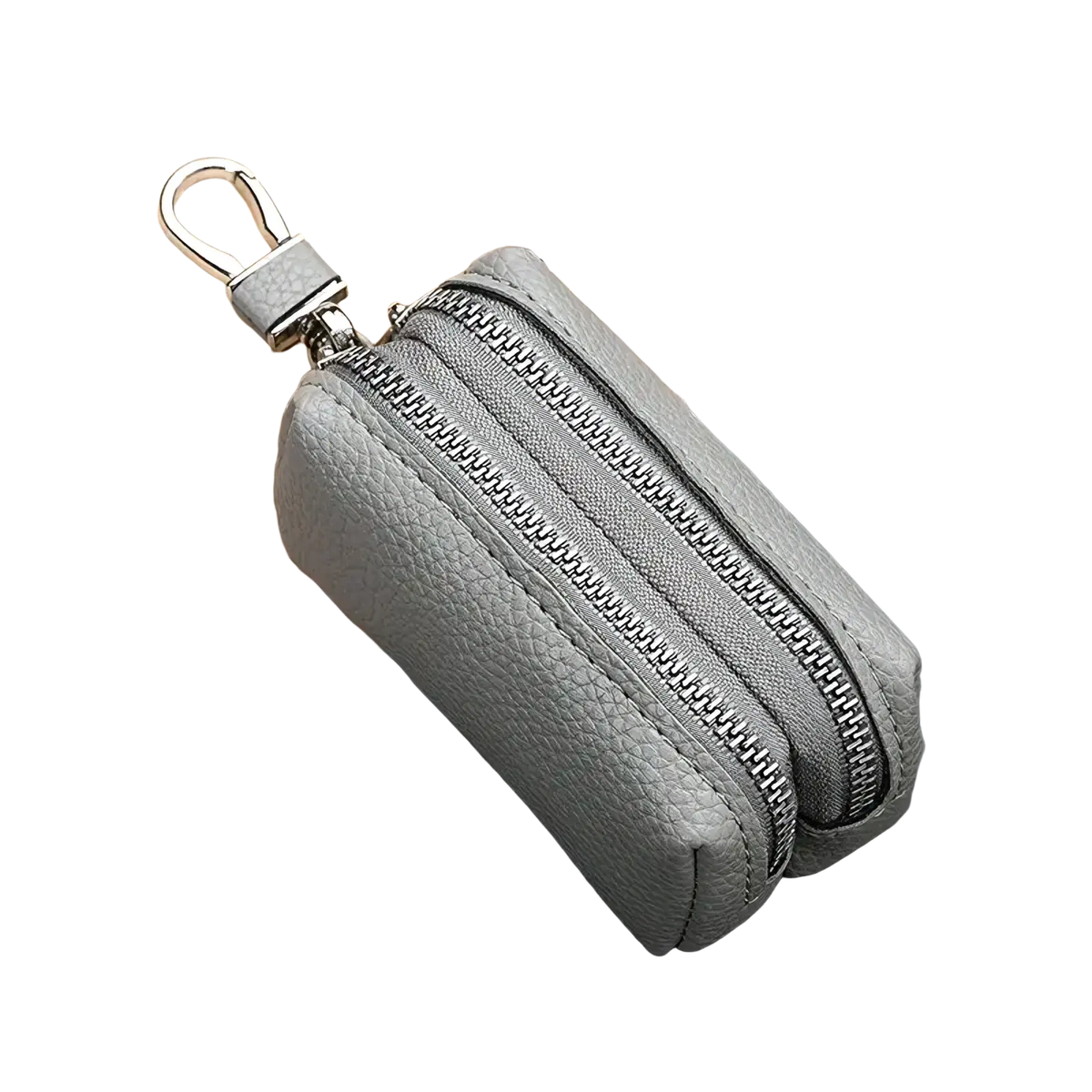 Gray textured leather double zipper car key wallet with silver-toned metal clasp and slim holder case design