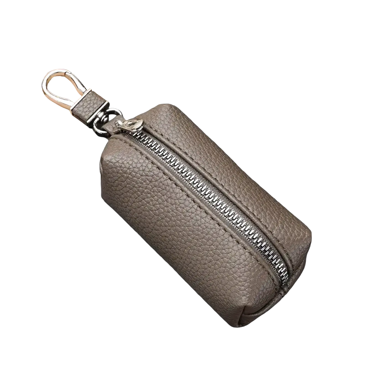Gray textured leather double zipper car key wallet with silver zipper and metal clasp slim holder case