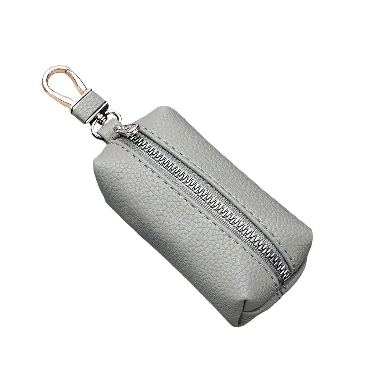 Gray textured leather double zipper car key wallet slim holder case with silver zipper and metal clasp keychain pouch