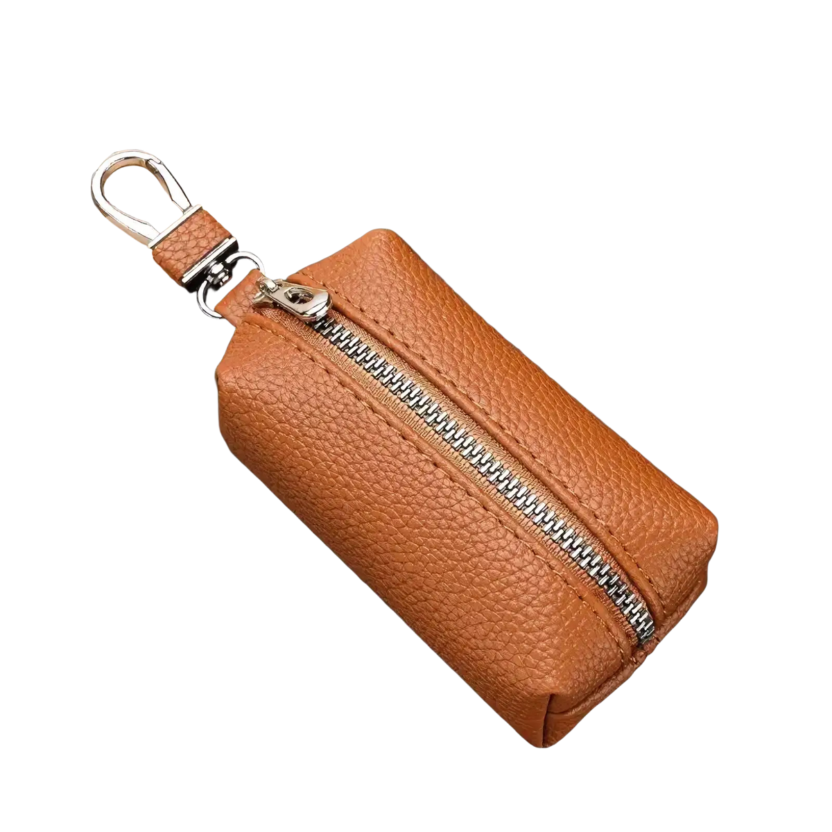 Tan leather double zipper car key wallet slim holder case with silver zipper and metal clasp keychain pouch