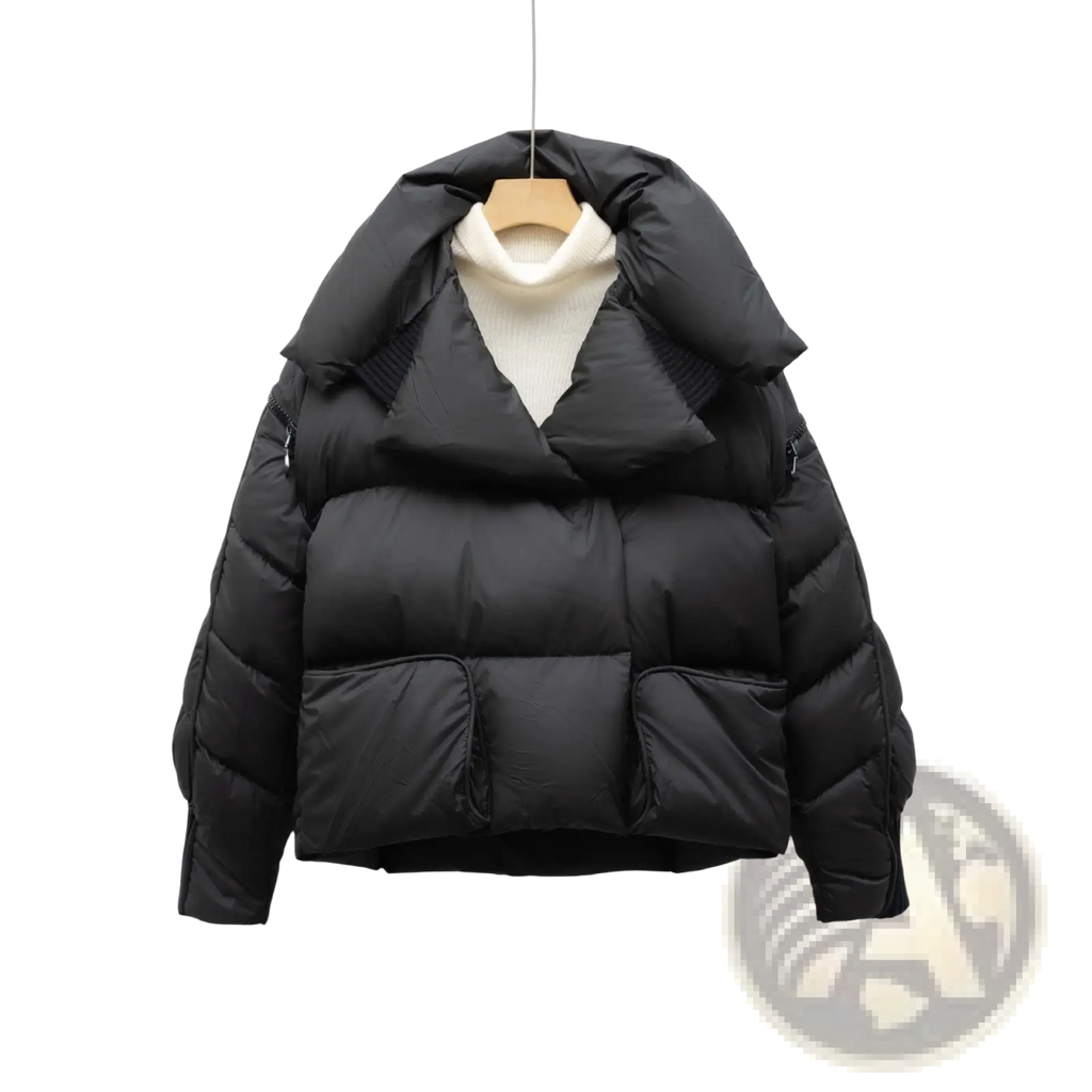 Black down puffer jacket with voluminous hood and two front pockets displayed on wooden hanger Korean style