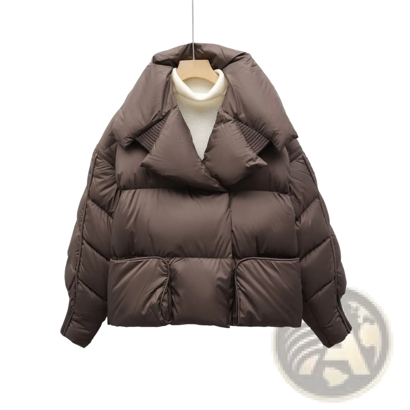 Brown quilted down jacket patchwork with large lapel, wide collar, and front pockets in korean style