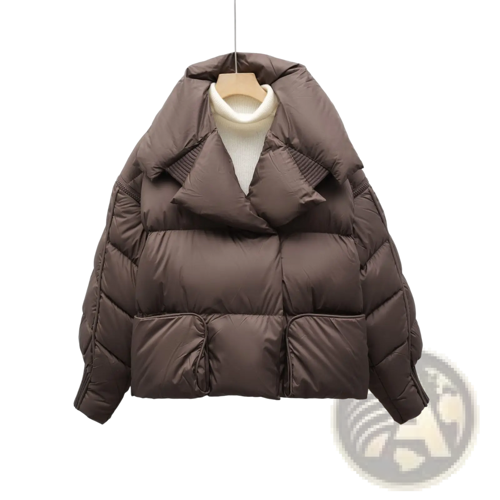 Brown quilted down jacket with large lapel wide collar and front pockets in korean style