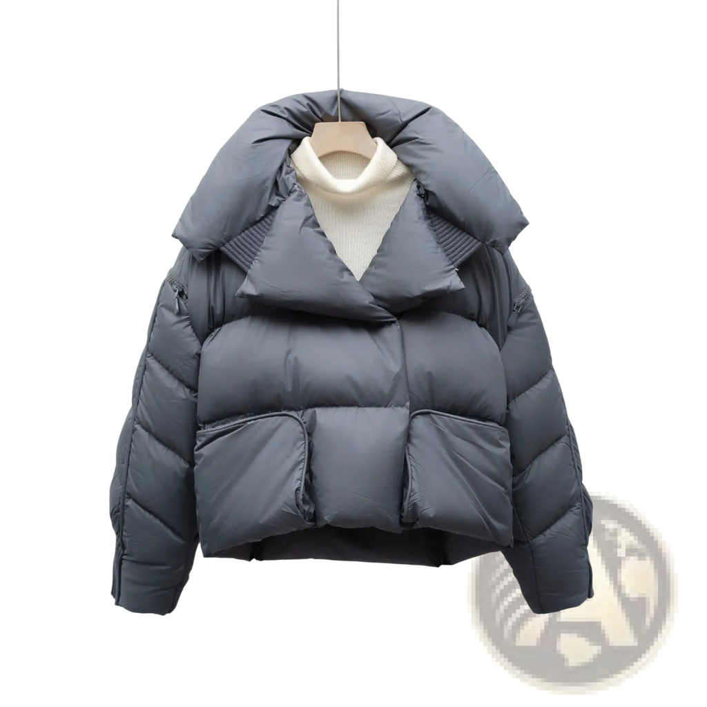 Dark gray down jacket patchwork with quilted design and voluminous hood in korean style with large lapel