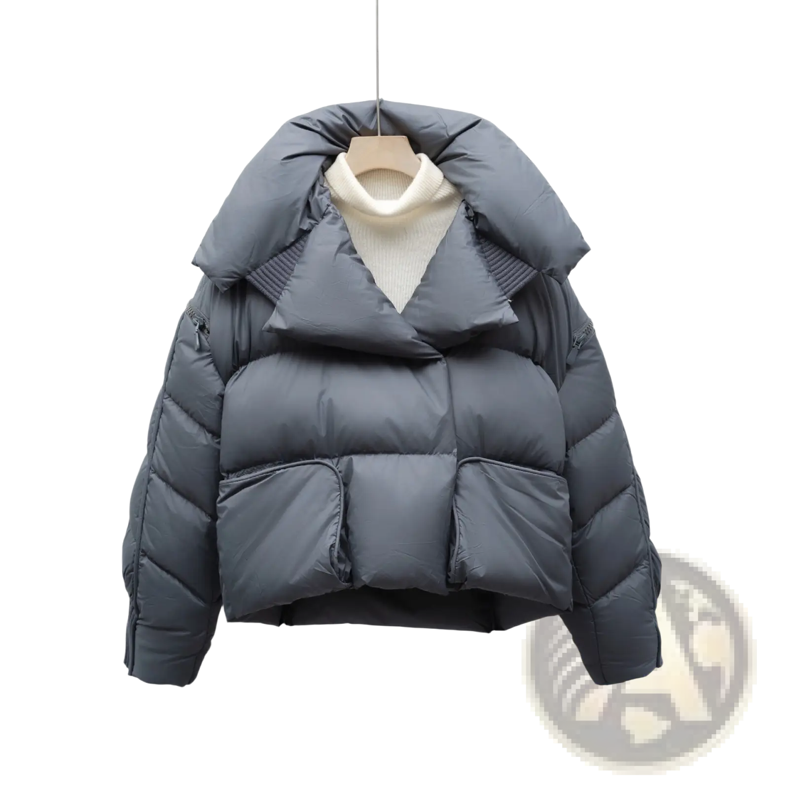 Dark gray down jacket patchwork with quilted design and voluminous hood in korean style with large lapel