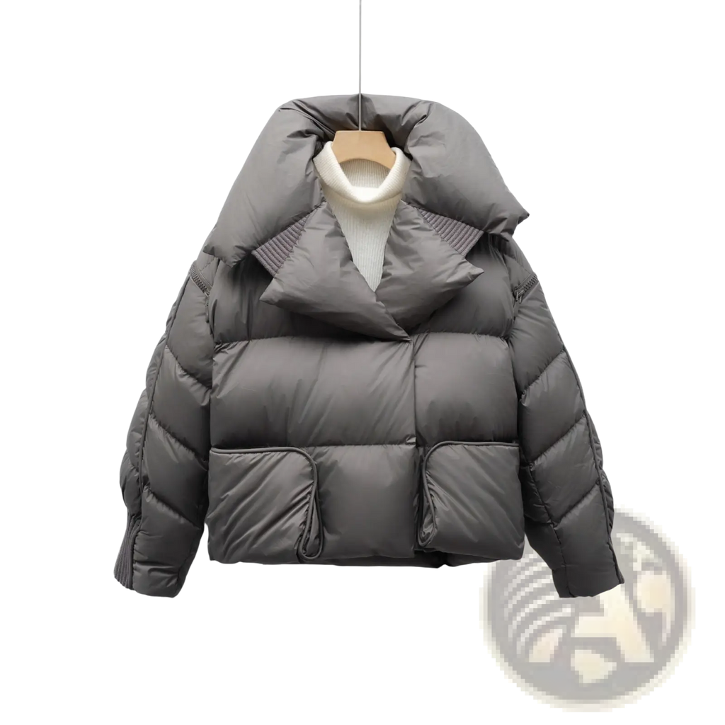 Dark gray quilted down jacket patchwork with plush hood and ribbed collar detail in korean style