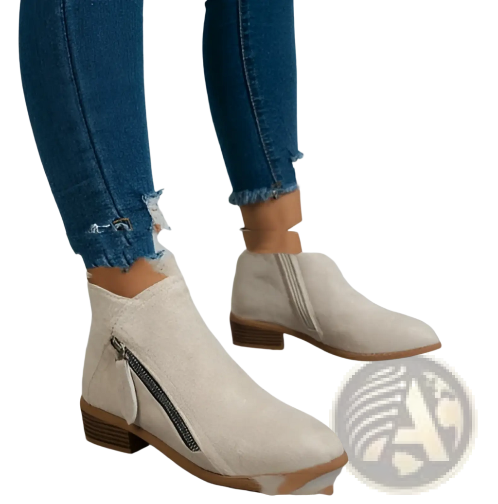 Beige suede dr martens chunky heel ankle boots with low block heel and side zipper