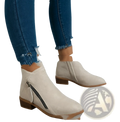 Beige suede dr martens chunky heel ankle boots with low block heel and side zipper
