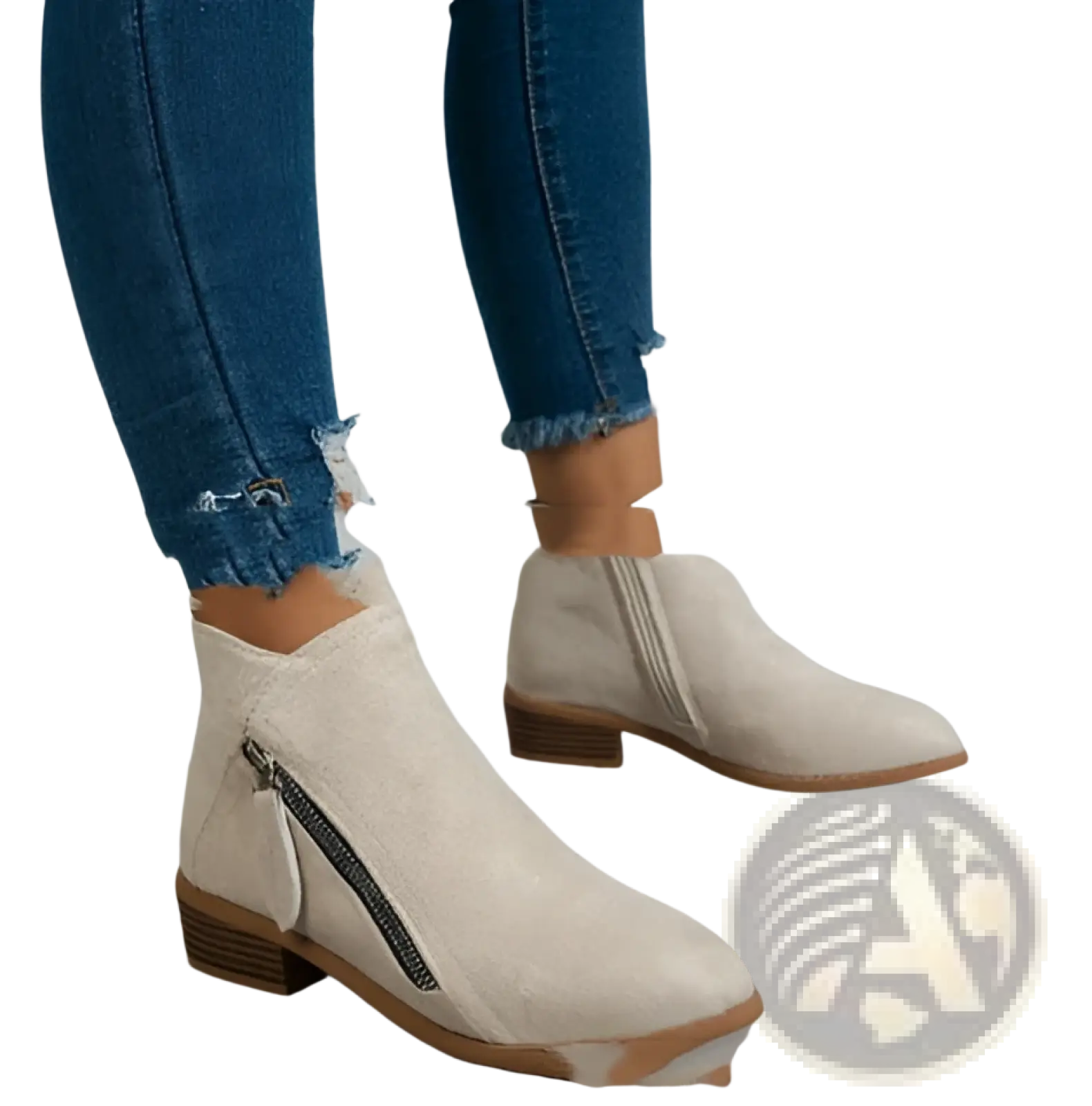 Beige suede dr martens chunky heel ankle boots with low block heel and side zipper