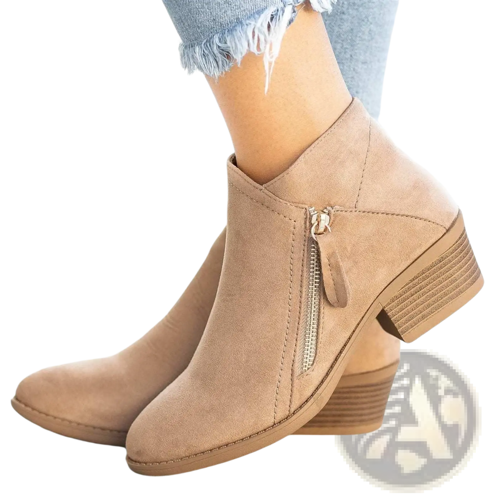 Tan suede Dr Martens chunky heel ankle boots with side zipper and stacked heel for stylish durability