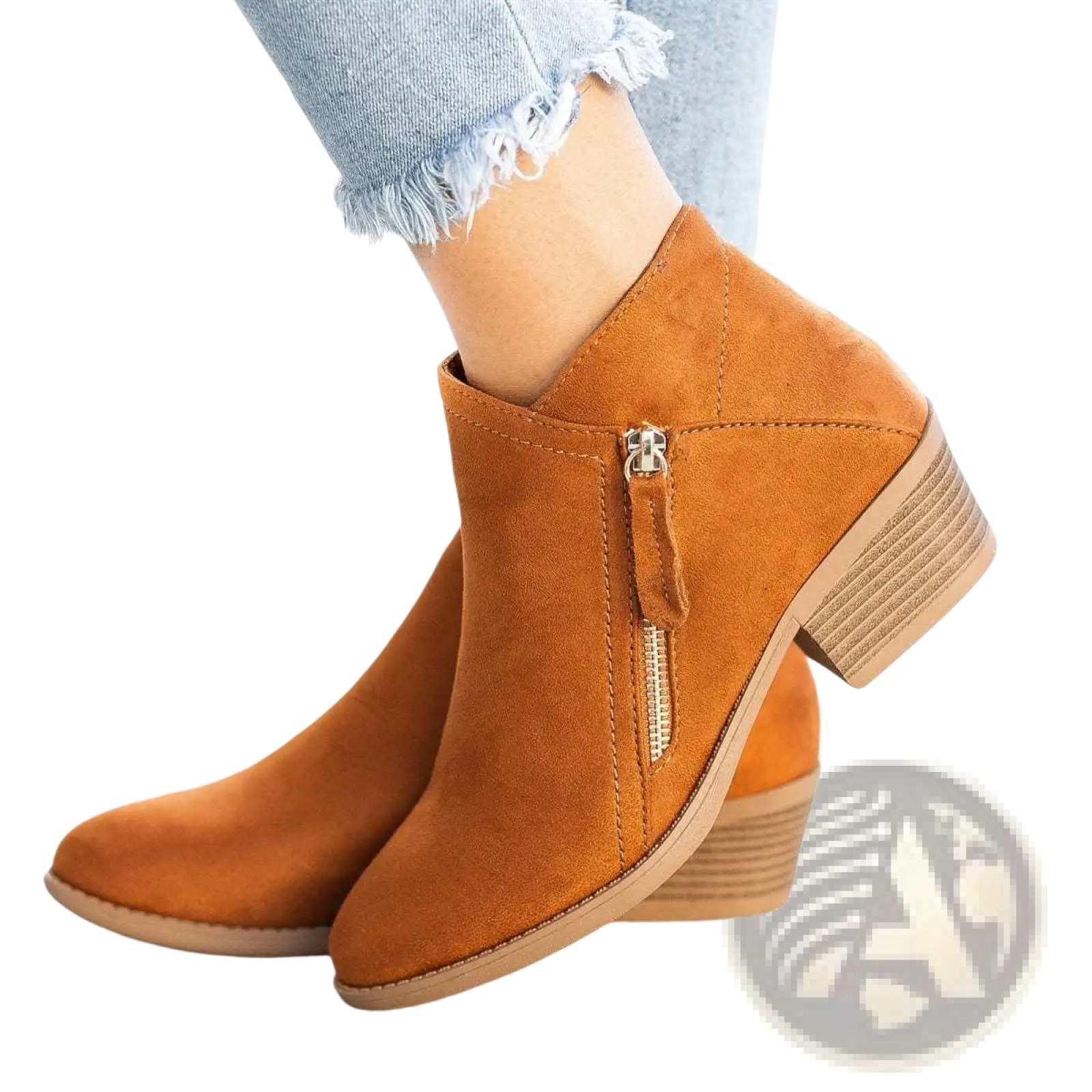 Dr Martens suede chunky heel ankle boots in tan with low block heel and gold side zipper