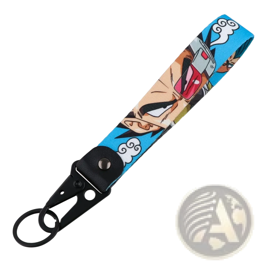 Blue fabric keychain with printed anime character goku wearing red goggles attached to black metal clip and ring
