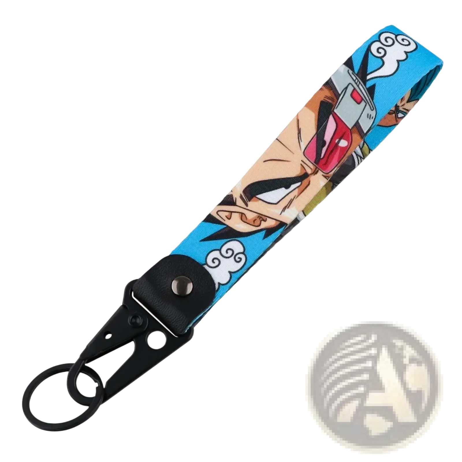 Blue fabric keychain with printed anime character goku wearing red goggles attached to black metal clip and ring