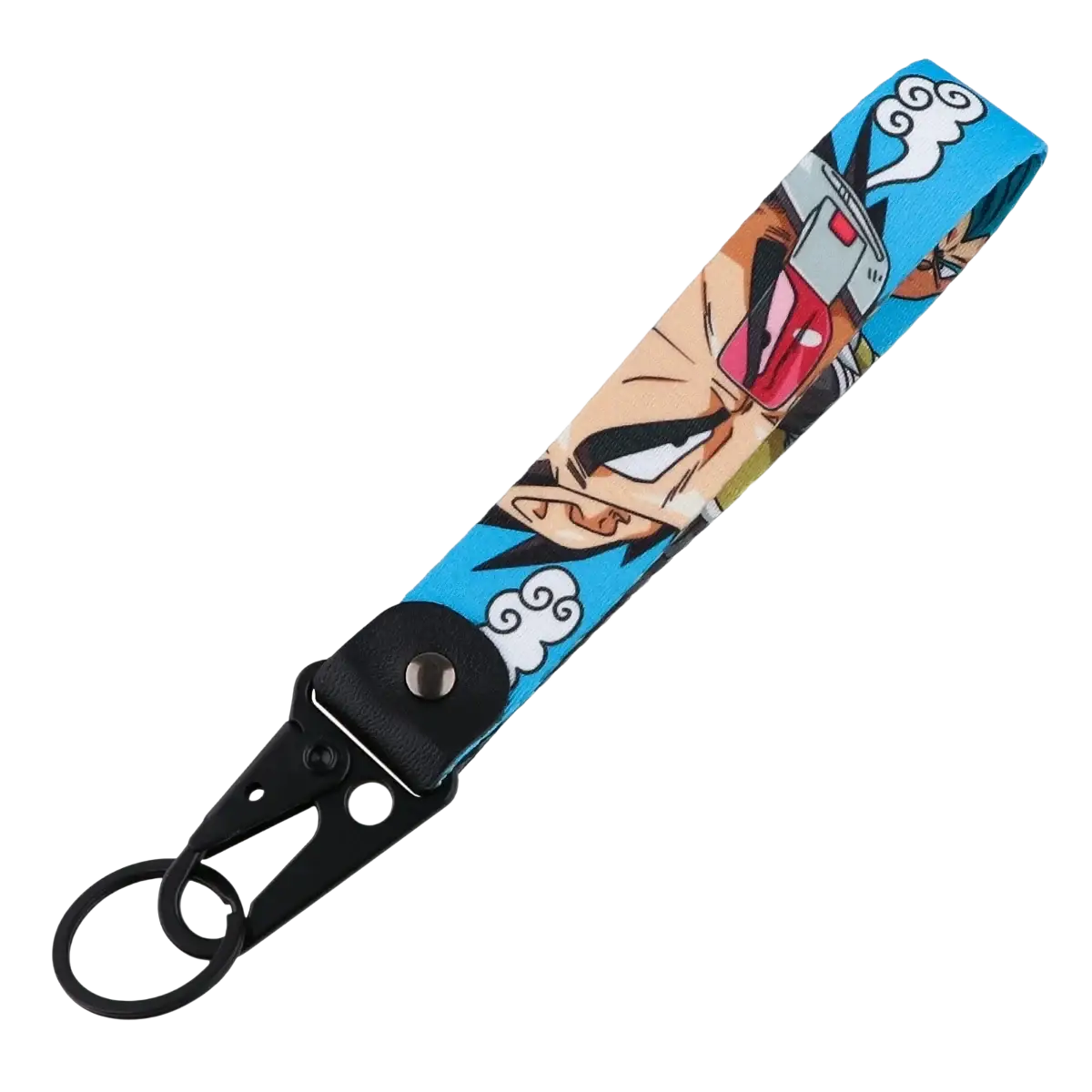 Blue fabric keychain with printed anime character goku wearing red goggles attached to black metal clip and ring