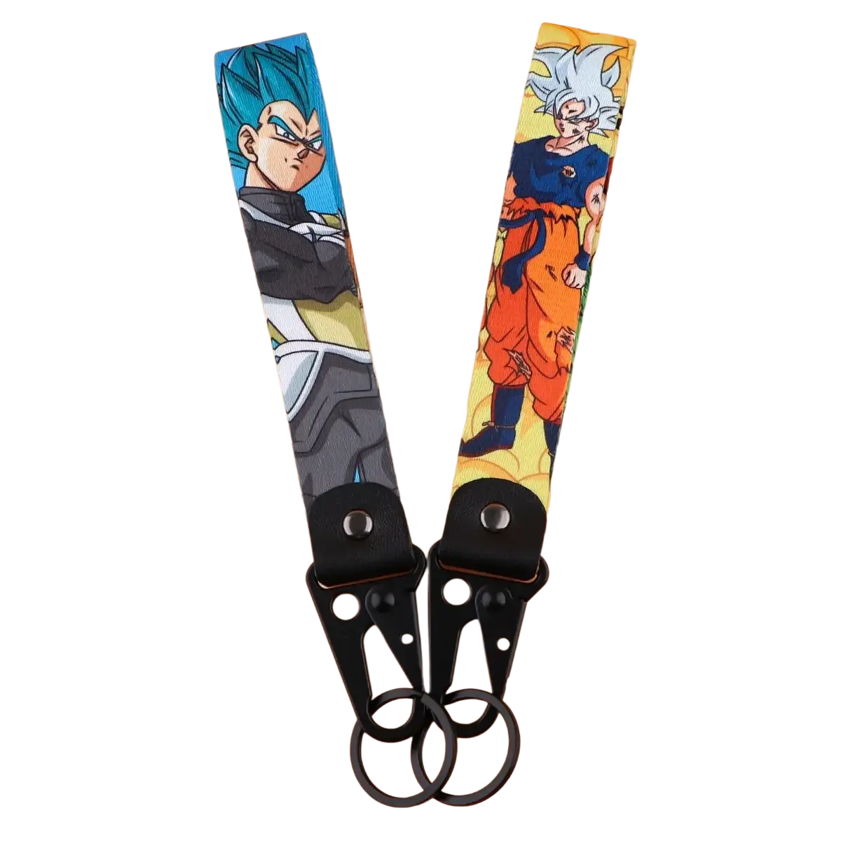 Dragon ball z goku and vegeta fabric lanyard keychain set with blue hair vegeta and super saiyan goku on fabric straps